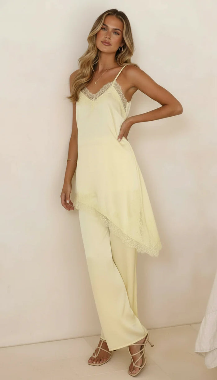 Butter Yellow Asymmetrical Lace Top and Pant Set