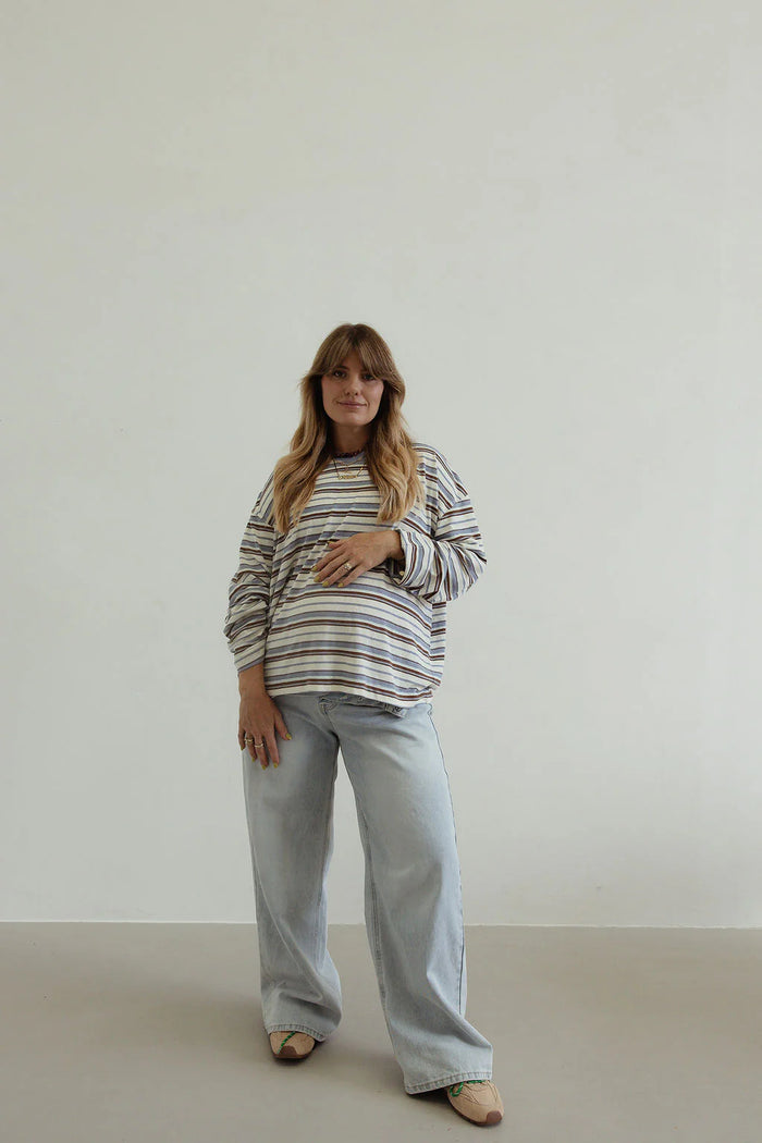 Stripe Cotton Oversized l/s tee - white/blue/brown