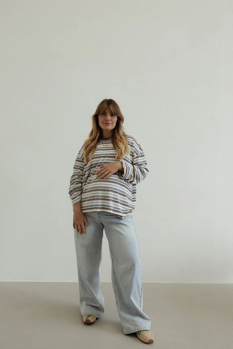 Stripe Cotton Oversized l/s tee - white/blue/brown