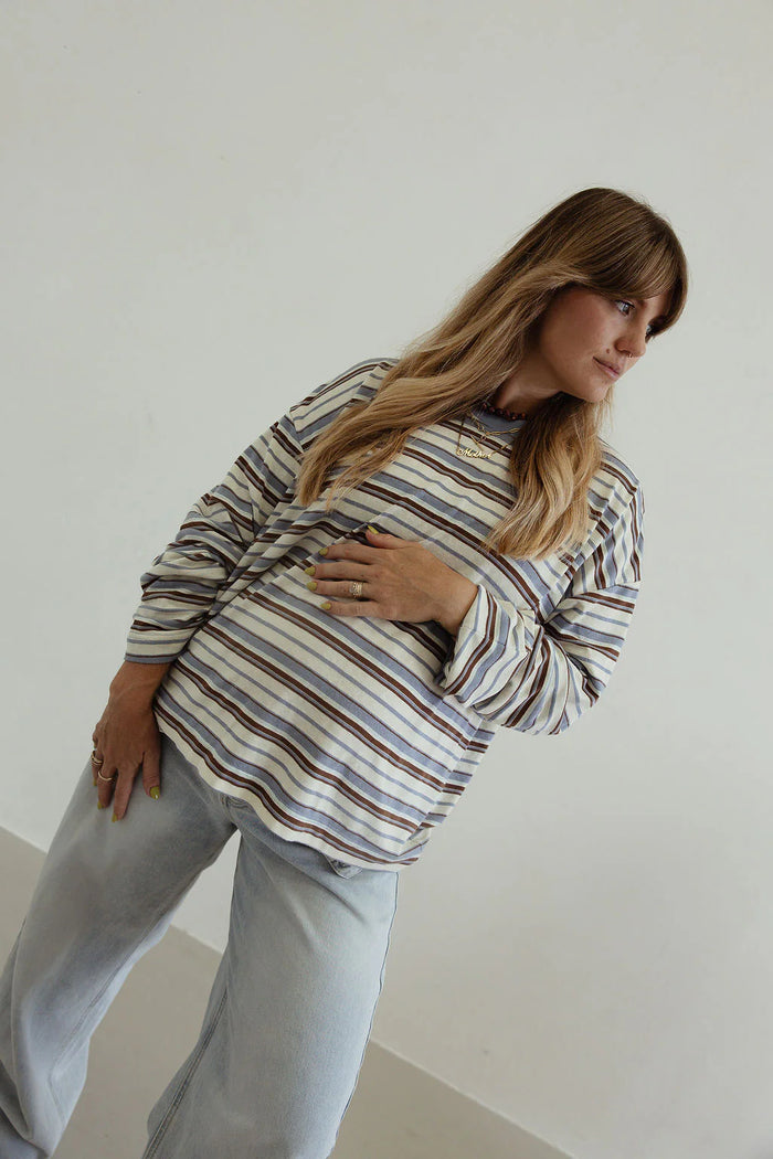 Stripe Cotton Oversized l/s tee - white/blue/brown