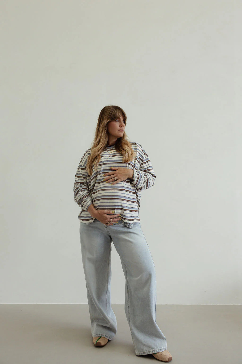 Stripe Cotton Oversized l/s tee - white/blue/brown