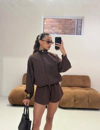 Choc Pinstripe Funnel Neck Jacket + Short Set