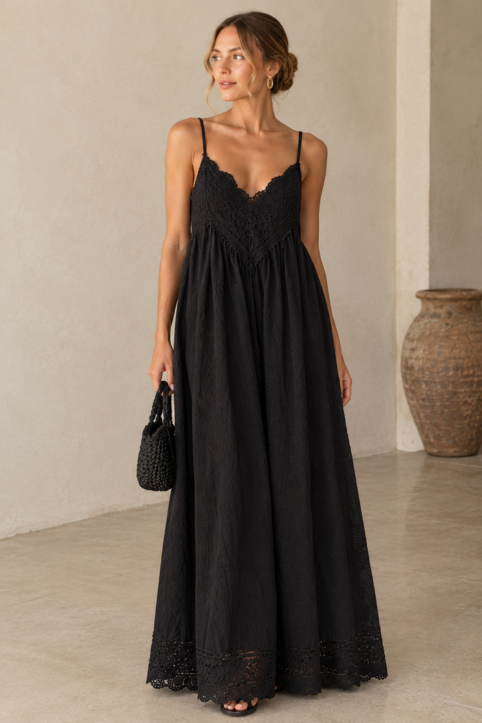 Black Lace Trim Maxi Dress