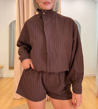 Choc Pinstripe Funnel Neck Jacket + Short Set