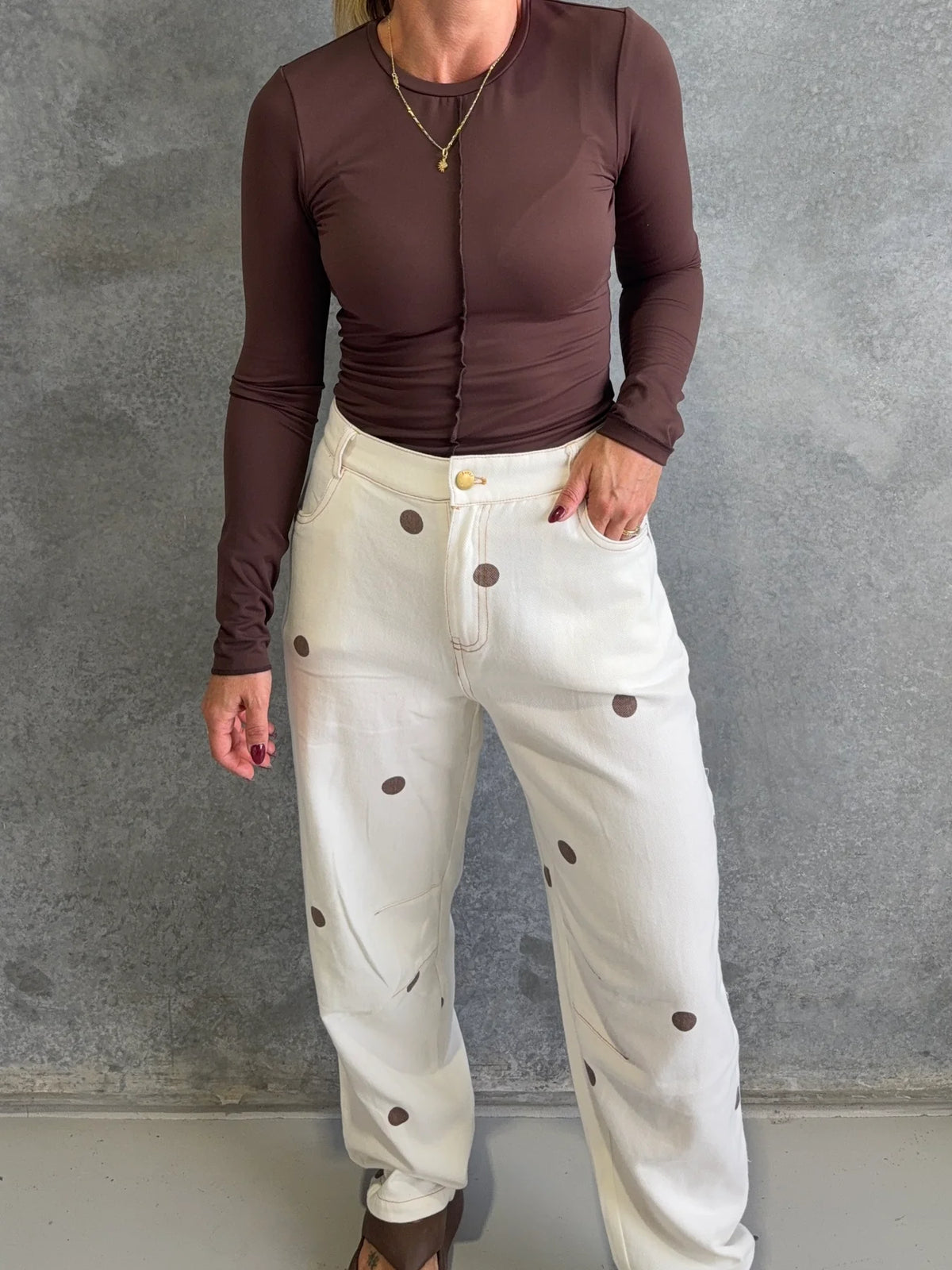 Cream/Chocolate Polka Dot Barrel Denim Jean