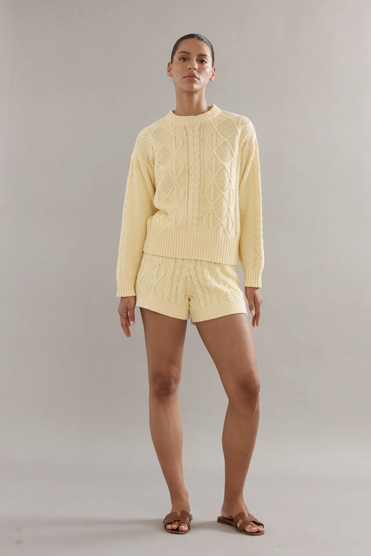 COTTON CABLE KNIT SHORTS - YELLOW