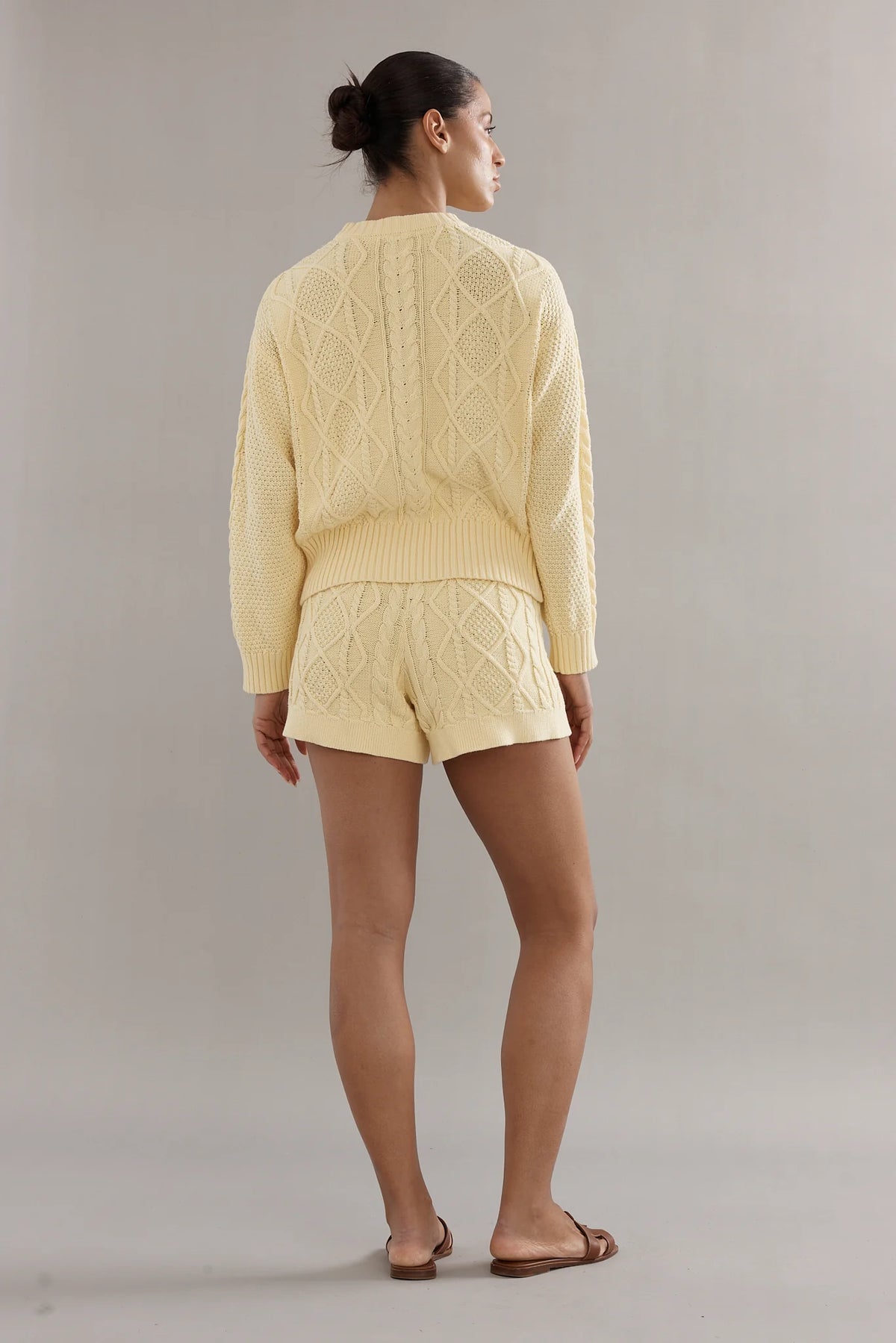 COTTON CABLE KNIT SHORTS - YELLOW