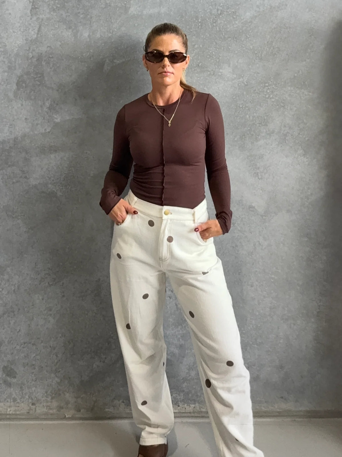 Cream/Chocolate Polka Dot Barrel Denim Jean