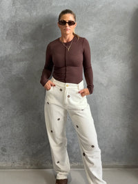 Cream/Chocolate Polka Dot Barrel Denim Jean