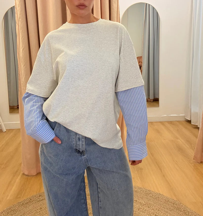 Grey Marle / Blue Stripe Shirt Sleeve Tee