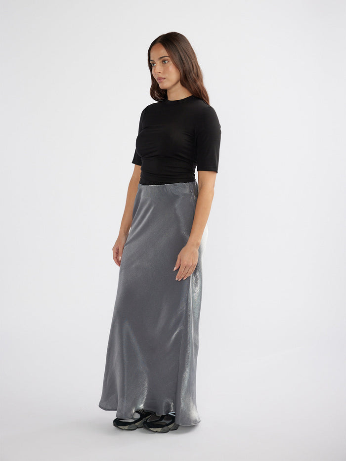 LOLA METALLIC MAXI SKIRT - GREY