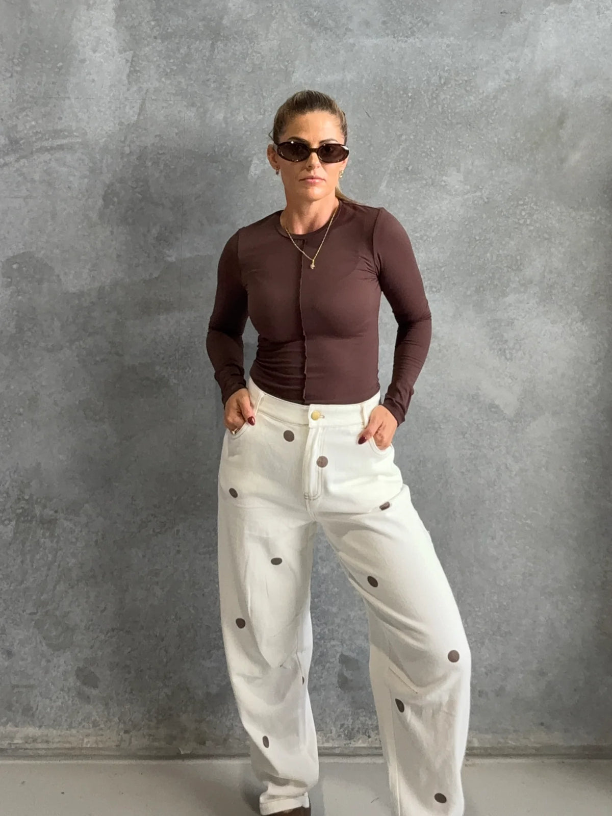 Cream/Chocolate Polka Dot Barrel Denim Jean