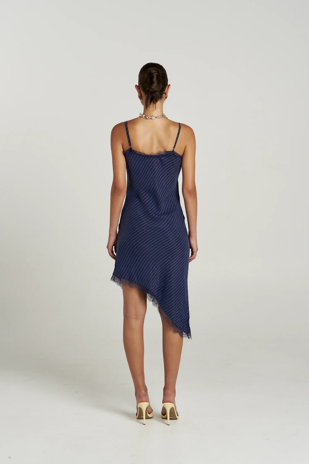 Asym Siren Dress navy Pinstripe