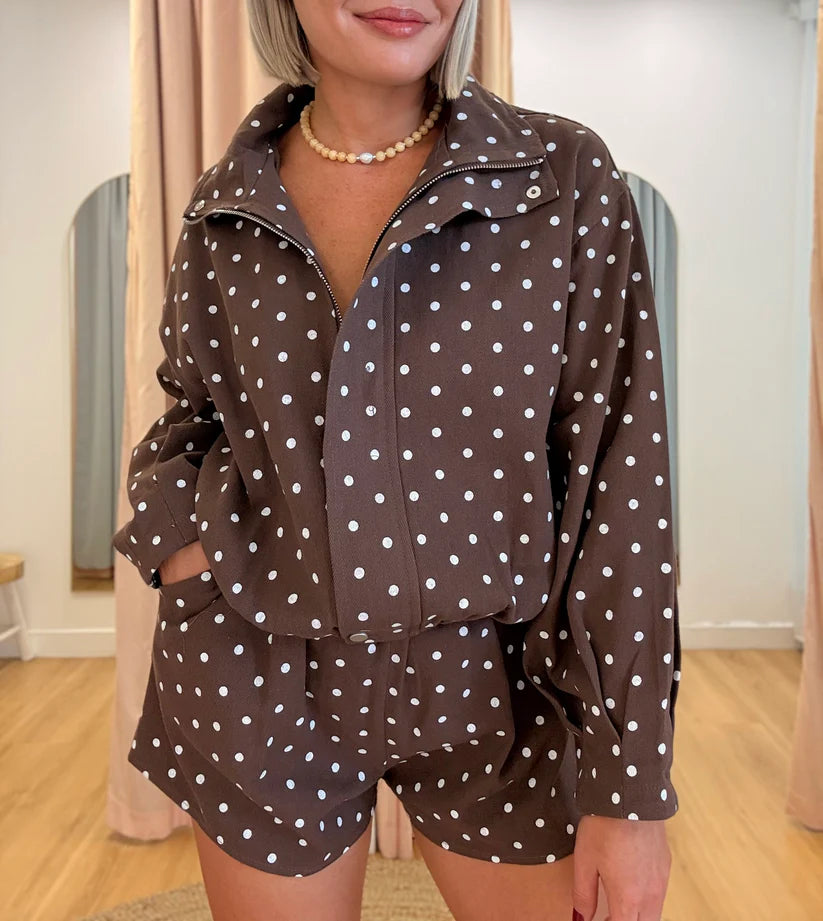 Choc Polka Dot Funnel Neck Jacket + Short Set