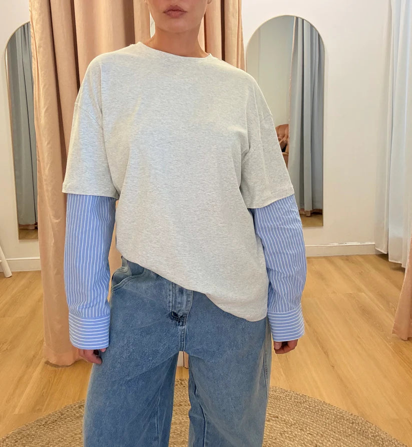 Grey Marle / Blue Stripe Shirt Sleeve Tee