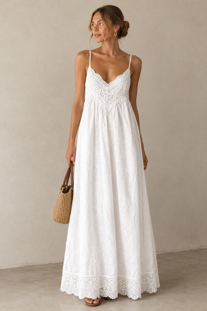 White Lace Trim Maxi Dress