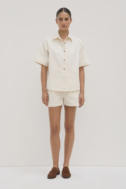 Boxy Denim Short Sleeve Shirt - Ecru