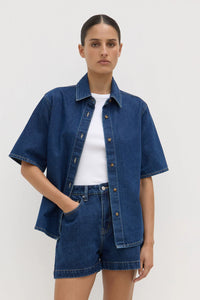 Boxy Denim Short Sleeve Shirt - Dark Stone