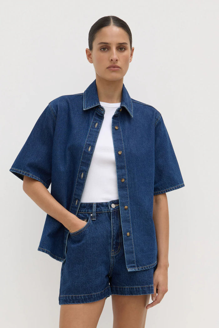 Boxy Denim Short Sleeve Shirt - Dark Stone