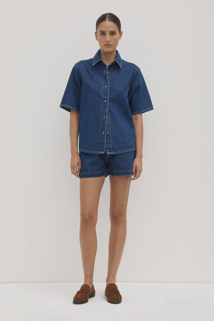 Boxy Denim Short Sleeve Shirt - Dark Stone