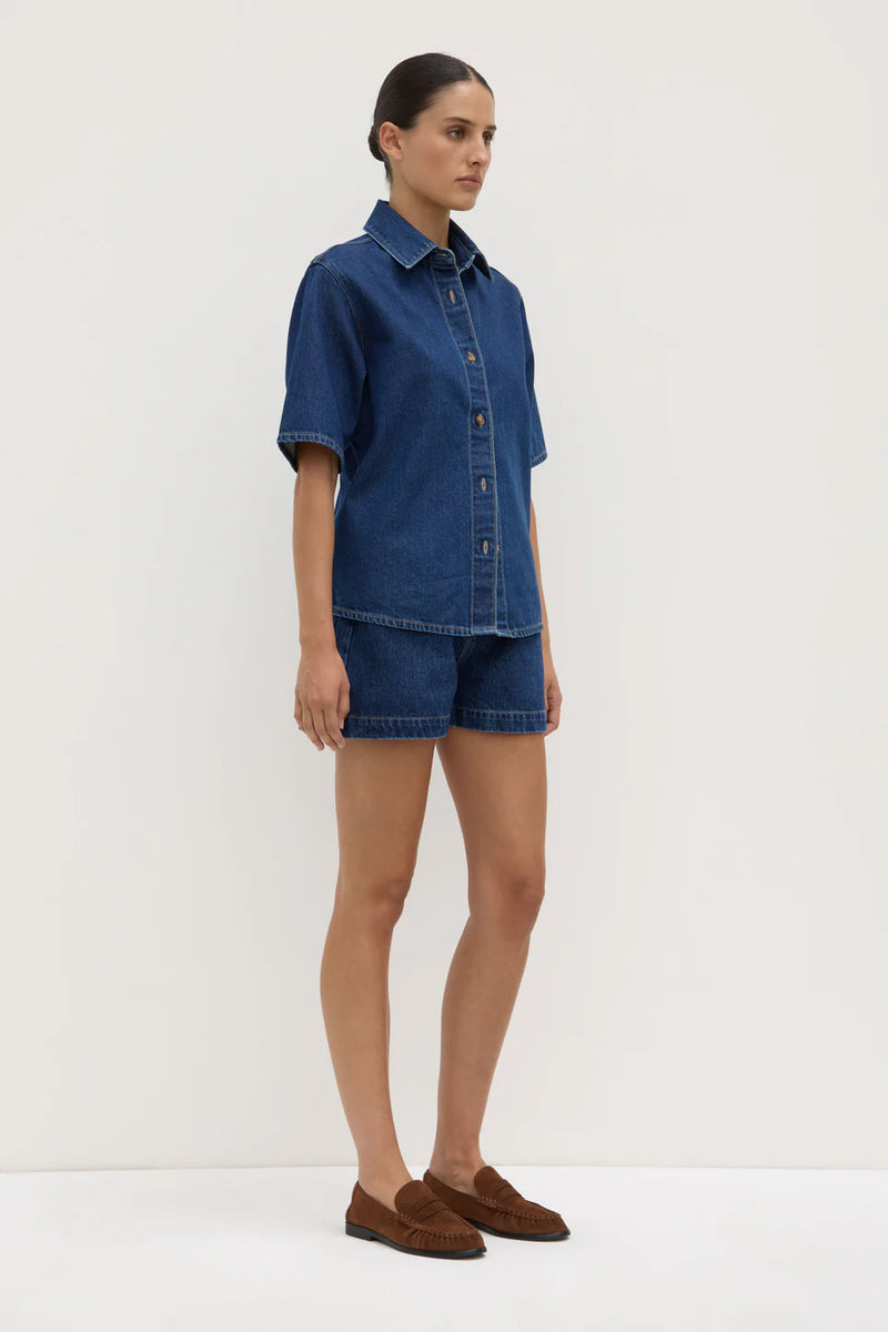 Boxy Denim Short Sleeve Shirt - Dark Stone