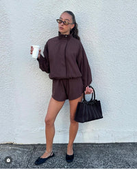 Choc Pinstripe Funnel Neck Jacket + Short Set