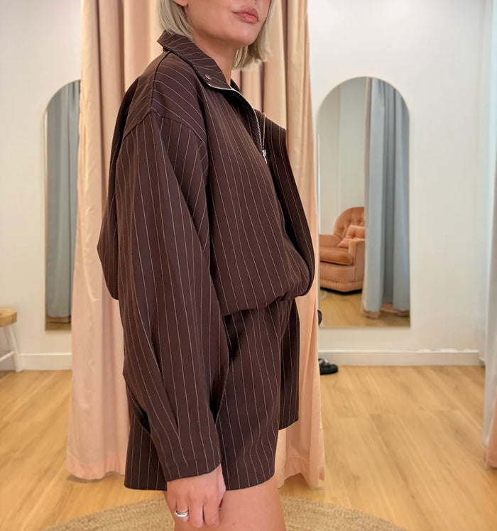 Choc Pinstripe Funnel Neck Jacket + Short Set