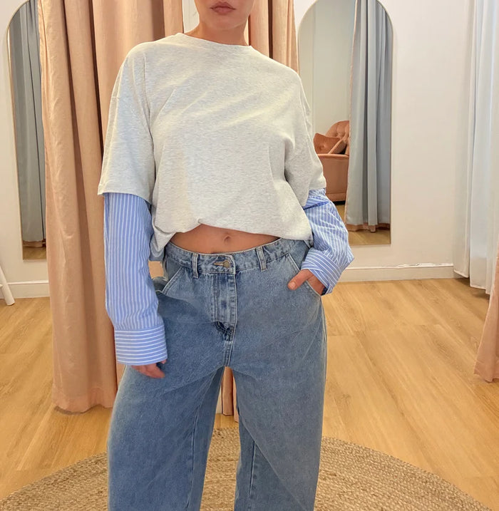 Grey Marle / Blue Stripe Shirt Sleeve Tee