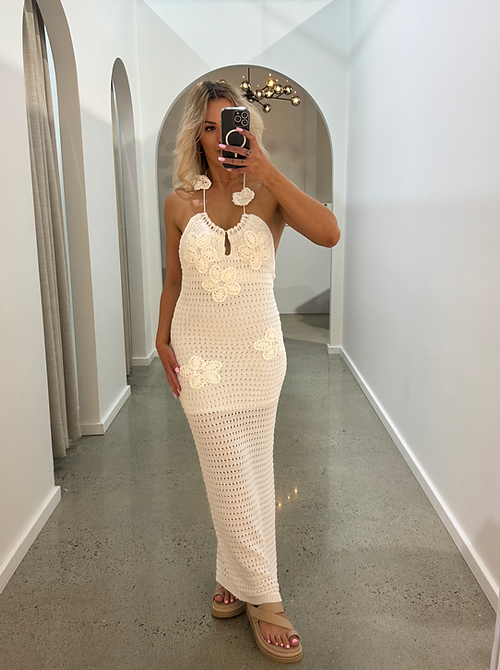 White Floral Crochet Dress