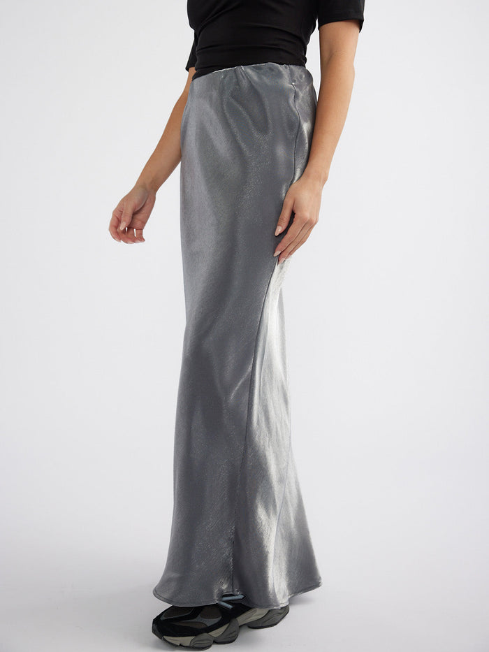 LOLA METALLIC MAXI SKIRT - GREY