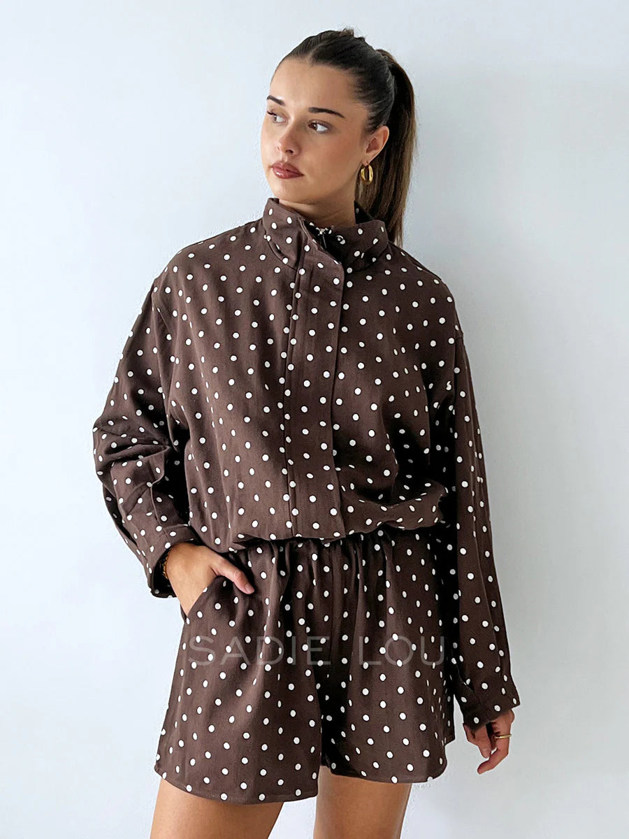 Choc Polka Dot Funnel Neck Jacket + Short Set