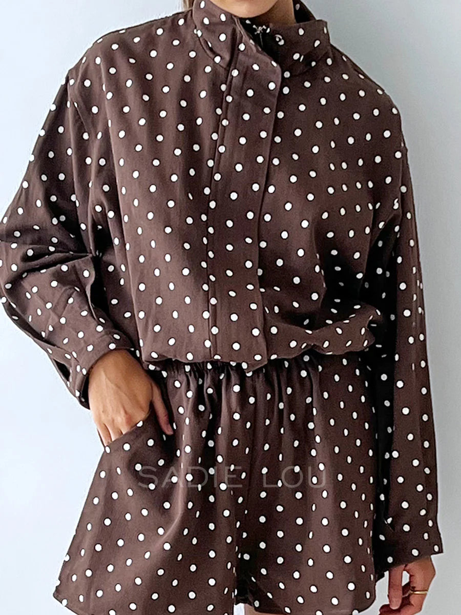 Choc Polka Dot Funnel Neck Jacket + Short Set