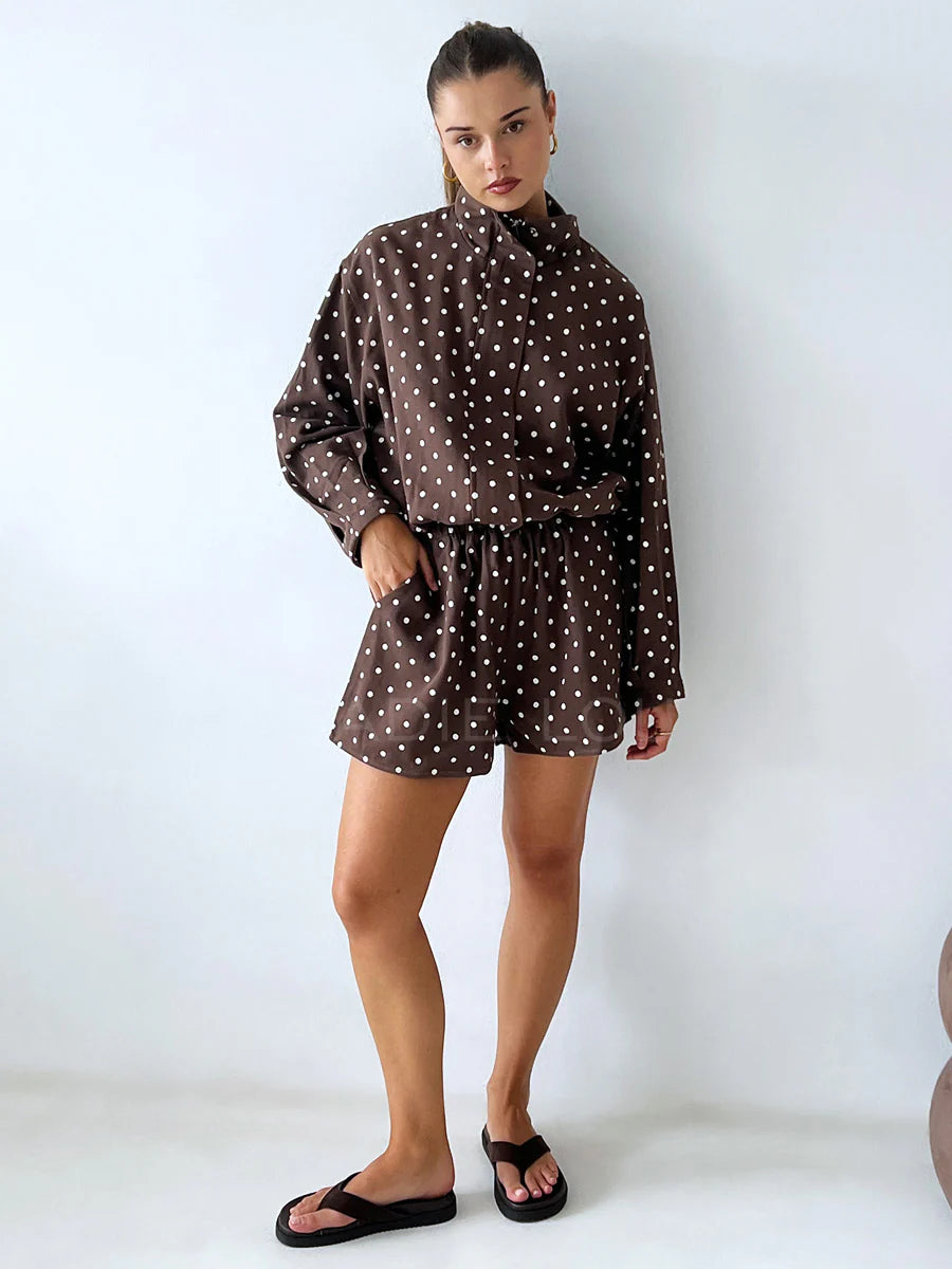 Choc Polka Dot Funnel Neck Jacket + Short Set