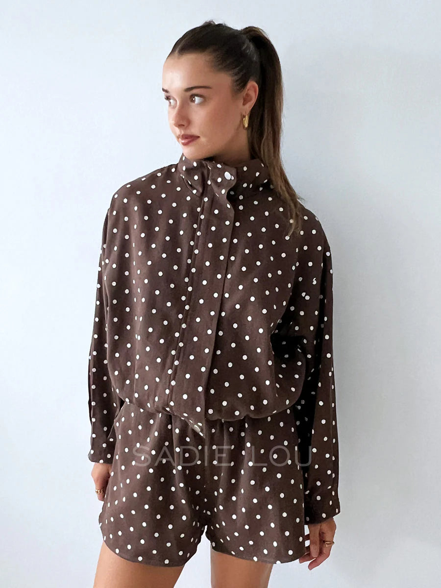 Choc Polka Dot Funnel Neck Jacket + Short Set
