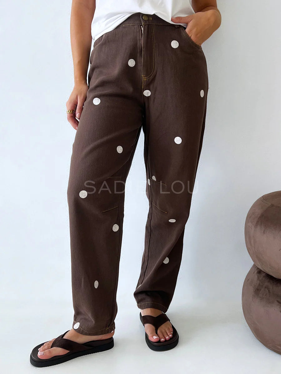 Chocolate/White Polka Dot Barrel Denim Jean