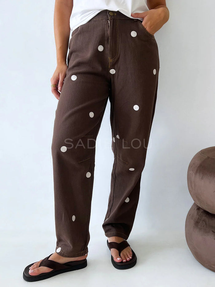 Chocolate/White Polka Dot Barrel Denim Jean