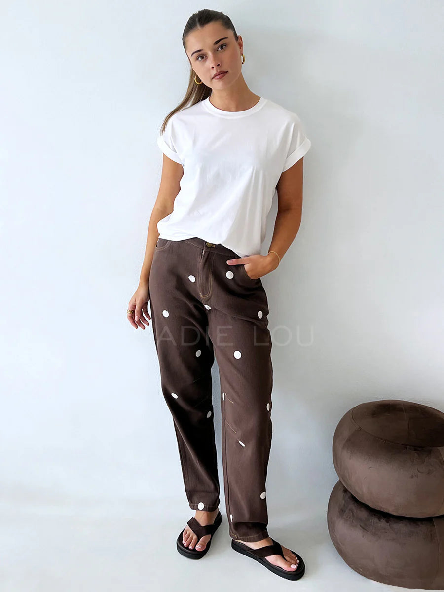 Chocolate/White Polka Dot Barrel Denim Jean