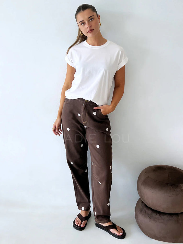 Chocolate/White Polka Dot Barrel Denim Jean