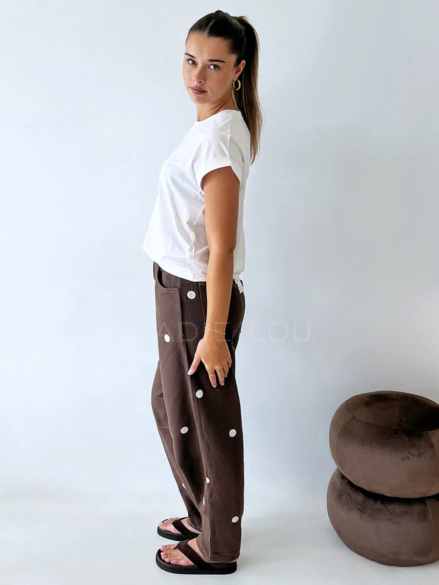Chocolate/White Polka Dot Barrel Denim Jean