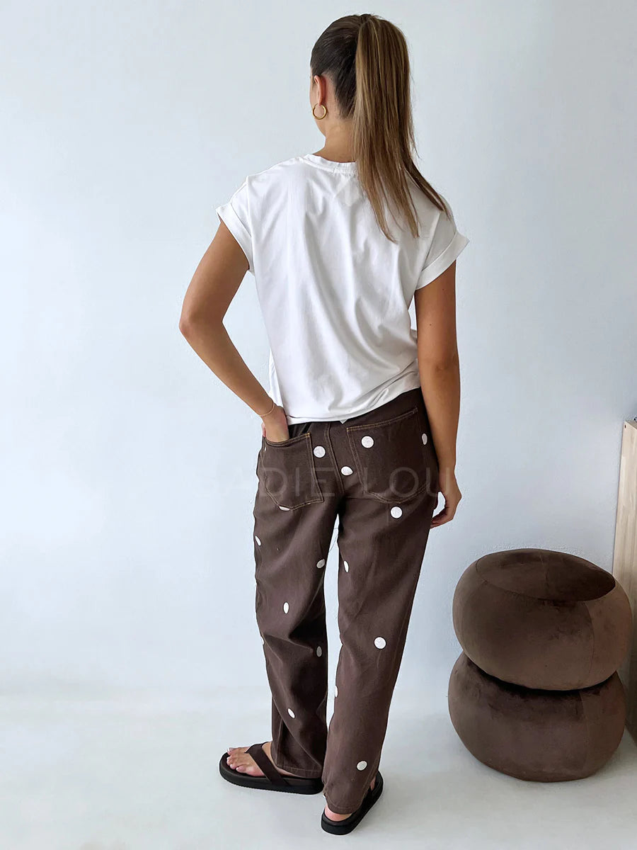 Chocolate/White Polka Dot Barrel Denim Jean