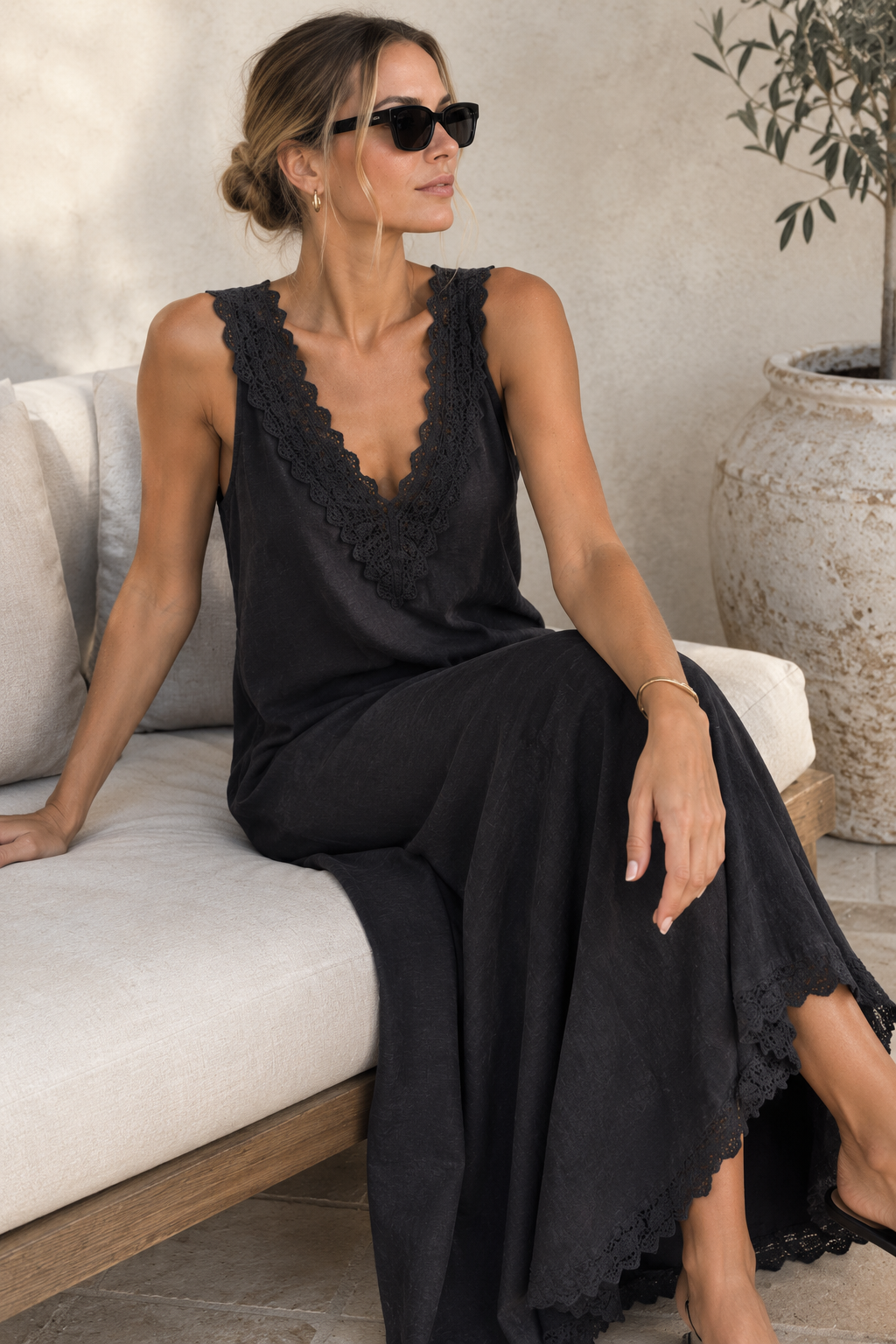 Lace Strap Maxi Dress - Black