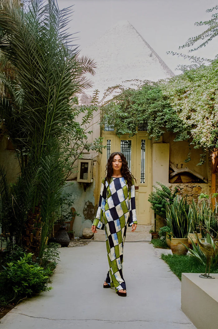 ORO TILE OLIVE MAXI DRESS