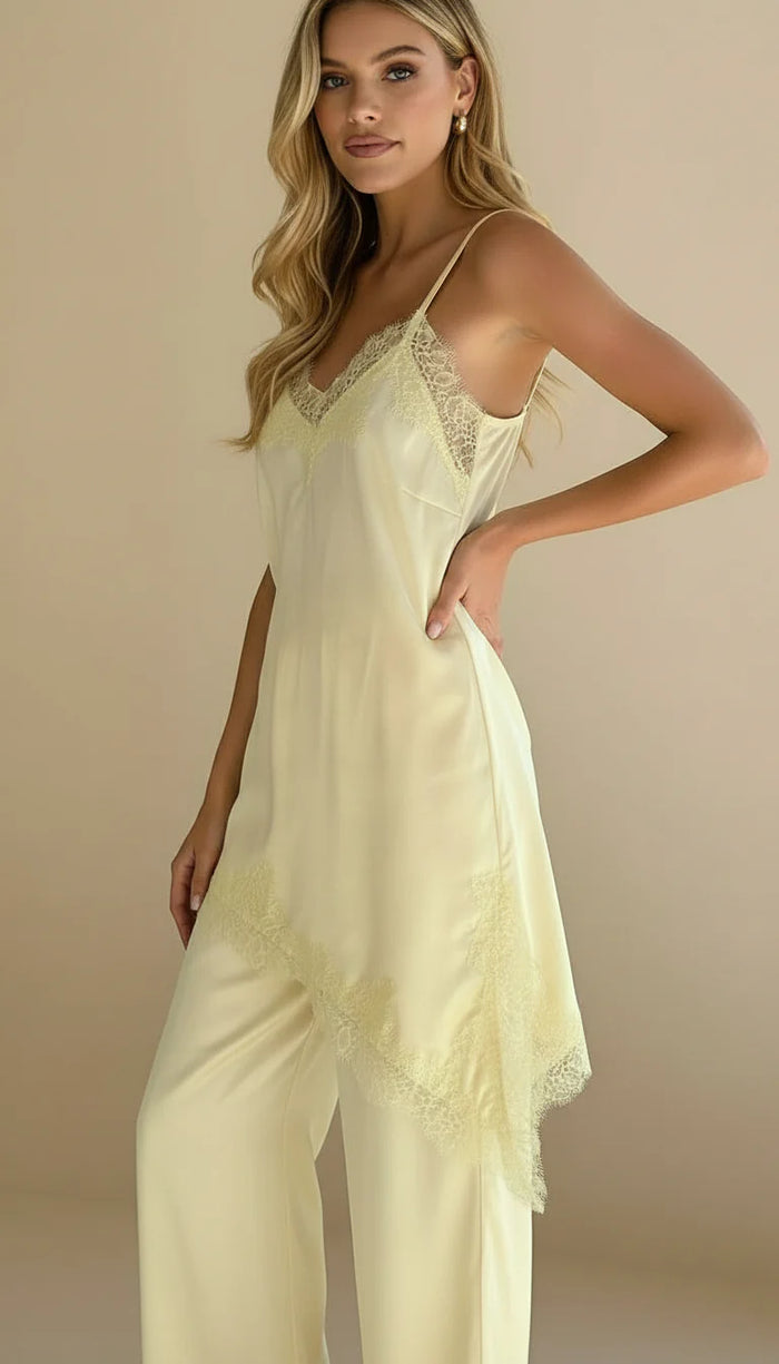 Butter Yellow Asymmetrical Lace Top and Pant Set