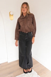 Chocolate Funnel Neck Faux Suede Jacket