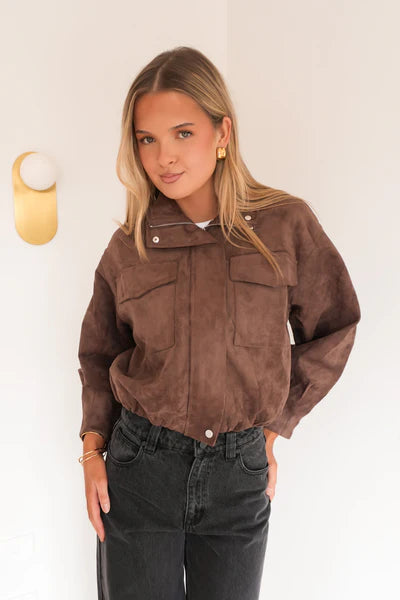 Chocolate Funnel Neck Faux Suede Jacket