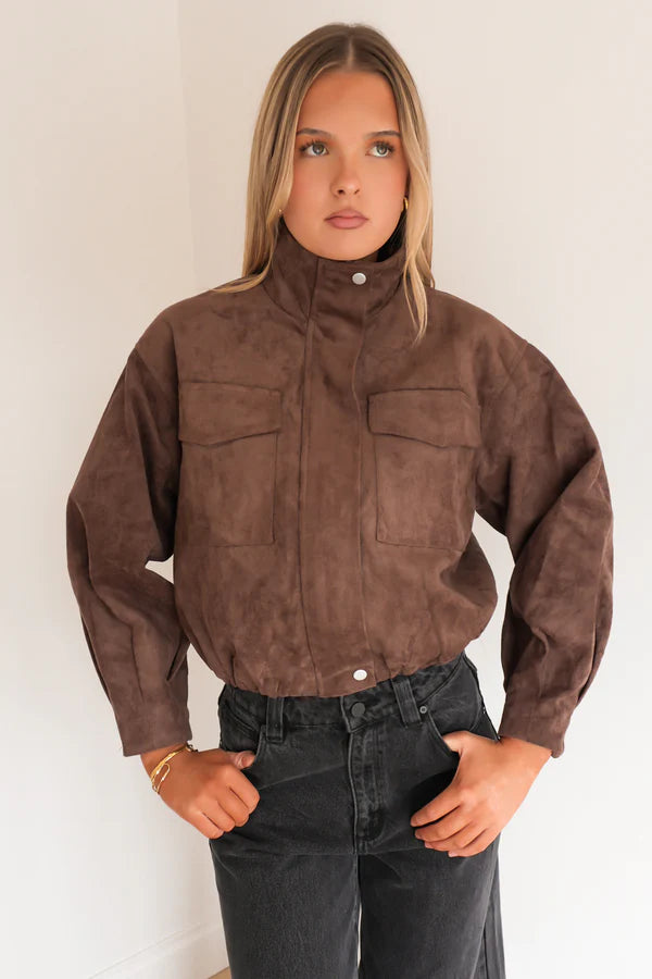 Chocolate Funnel Neck Faux Suede Jacket