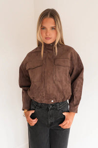 Chocolate Funnel Neck Faux Suede Jacket