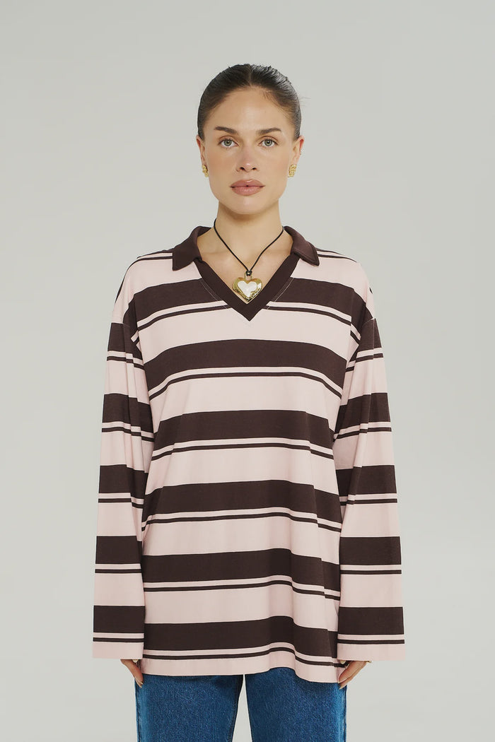 LS POLO TOP - CHOCOLATE ROSE