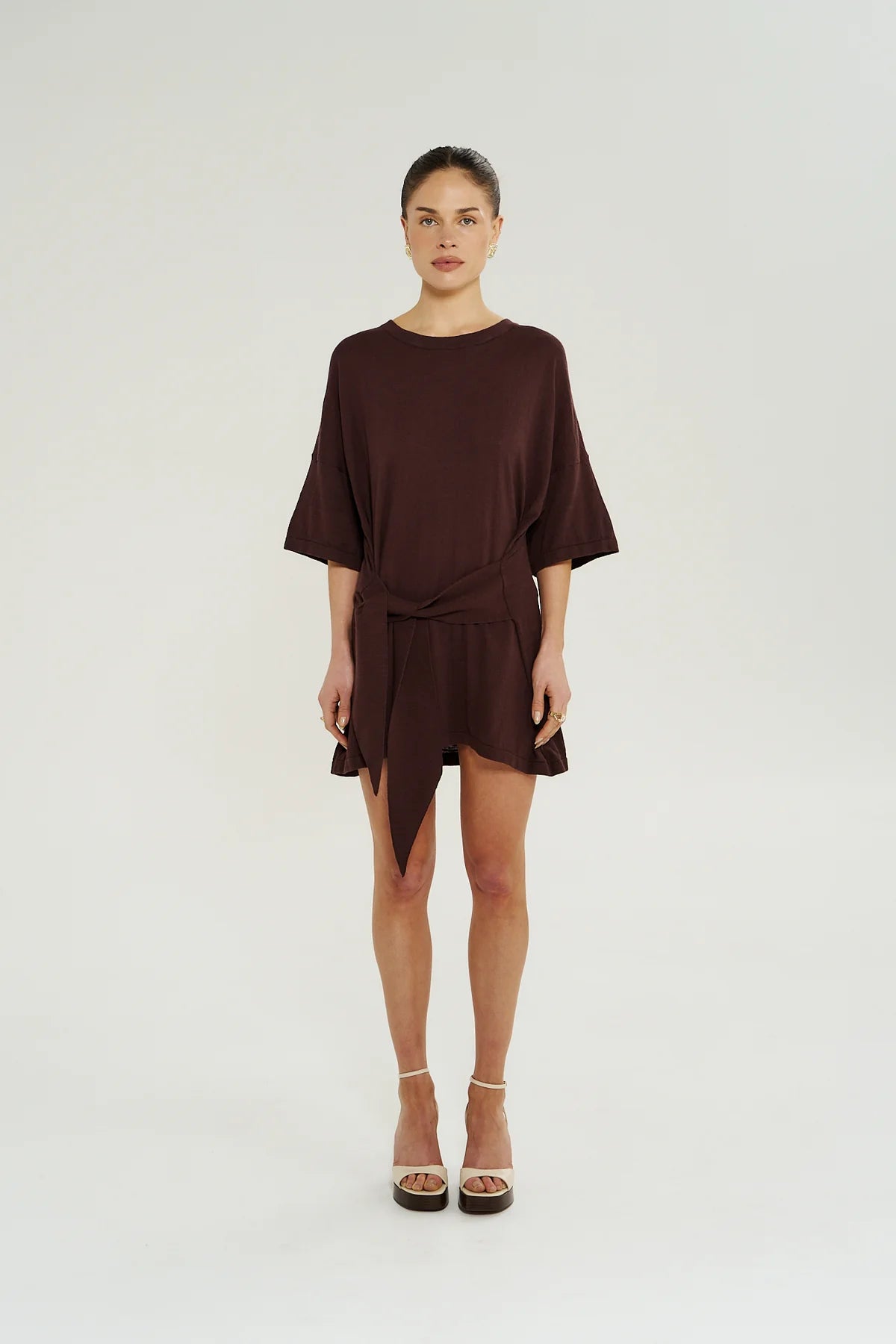 KNIT TIE FRONT DRESS - CHOCOLATE