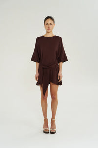 KNIT TIE FRONT DRESS - CHOCOLATE